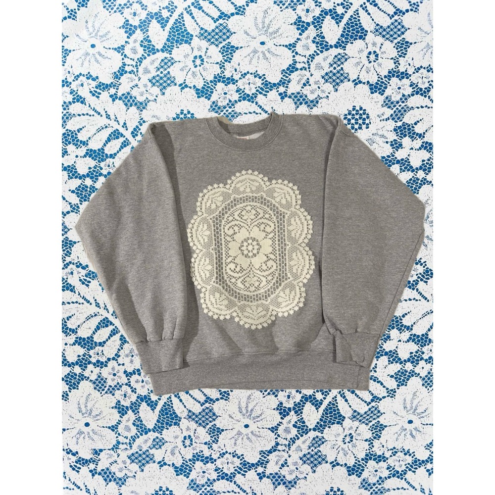 Handmade Upcycled Grey Sweatshirt Vintage Lace Doily Appliqué Hanes Cotton Med